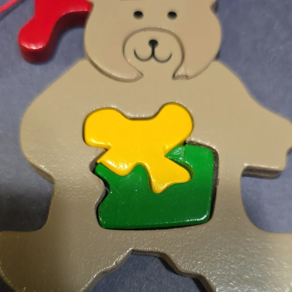 Giftco Holiday Puzzler Wooden Ornament Teddy Bear Christmas Santa Hat,‎ Vintage